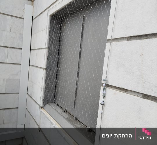 רשת מתכת מותקנת על חלון למניעת כניסת יונים